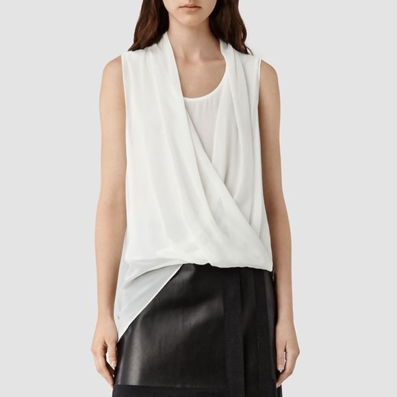 All Saints Tops - All Saints Abi Silk Sleeveless Top Draped Side Layered Zipper Ivory White Size 0